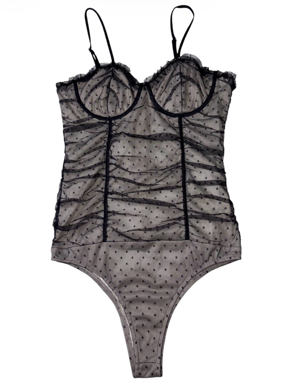 Cloud Ten Black Swiss Dot Mesh Bustier Bodysuit Size Medium